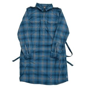 Eddie Bauer Blue Plaid Flannel Shirt Dress Womens 12 Long Sleeve Belted Mini